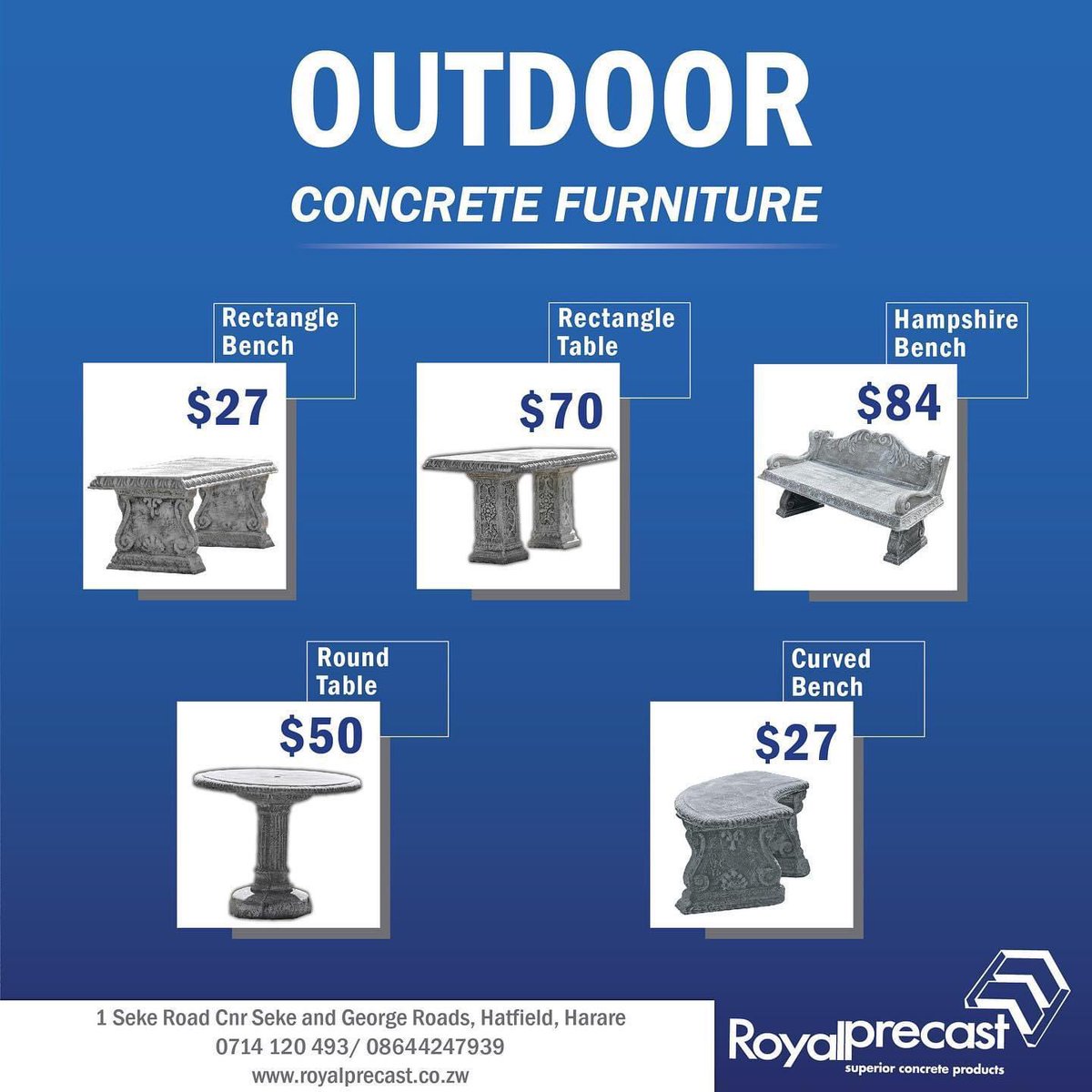 Royalprecastzw's tweet photo. Get high quality concrete furniture for your outdoor area today at Royal precast! #unbeatableprices✅ https://t.co/9PRosHIrhf