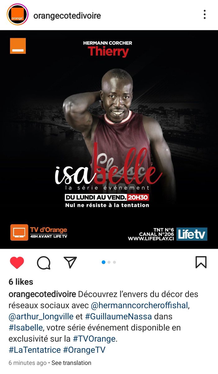 HCorcher225's tweet photo. Rdv ce soir sur @lifetvci(Côte d'Ivoire) dans votre série événement *ISABELLE* #Isabelle #Thierry #Nulnerésisteàlatentation @orange https://t.co/zUyCwpF4sO