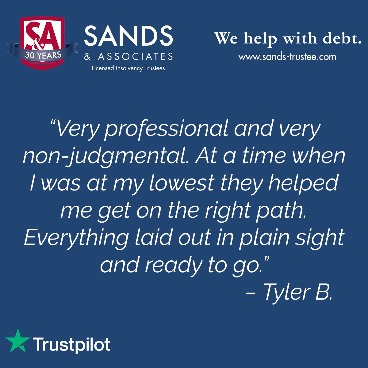 SandsTrustee's tweet image. Debt help without judgment, it’s that simple.

We’re here to help you move forward. 📲 Book your free confidential debt consultation today: sands-trustee.com

#TestimonialTuesday #DebtHelpWithoutJudgment #DebtSolutions #DebtFree #DebtRelief #DebtSmartWithHeart