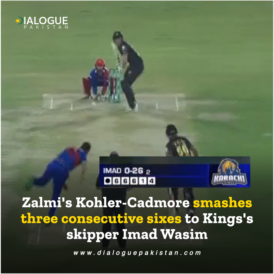 Peshawar Zalmi's power hitter Tom Kohler-Cadmore smashes three consecutive sixes to Karachi Kings's skipper Imad Wasim in second match of the Pakistan Super League season 8 (PSL 8) 

#DialoguePakistan #PeshawarZalmi #KohlerCadmore #KrachiKing #CricketArena