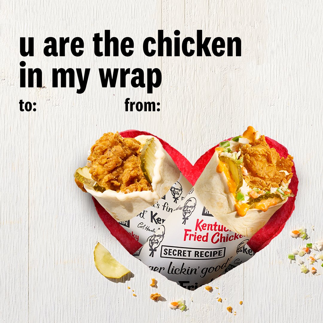 kfc's tweet photo. Wraps are for lovers. And they’re 2 for $5! 💞 Tag your Valentine. https://t.co/KYyG5vYlCB