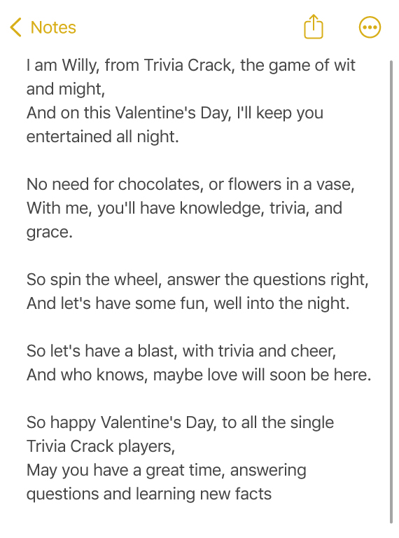 TriviaCrack's tweet image. Here is a poem for all my single players on this special day 💖 love u #ValentinesDay #TriviaCrack