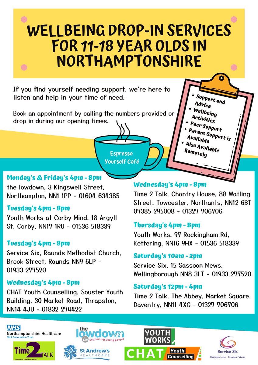 Our #Raunds Wellbeing Drop-in is open today 4-8pm for 11 to 18 year olds. Did you know there is a drop-in open to #support young people 6 days of the week in different locations across Northamptonshire. Between us & our partners we have you covered. @thelowdownNN1 @Youth_Works