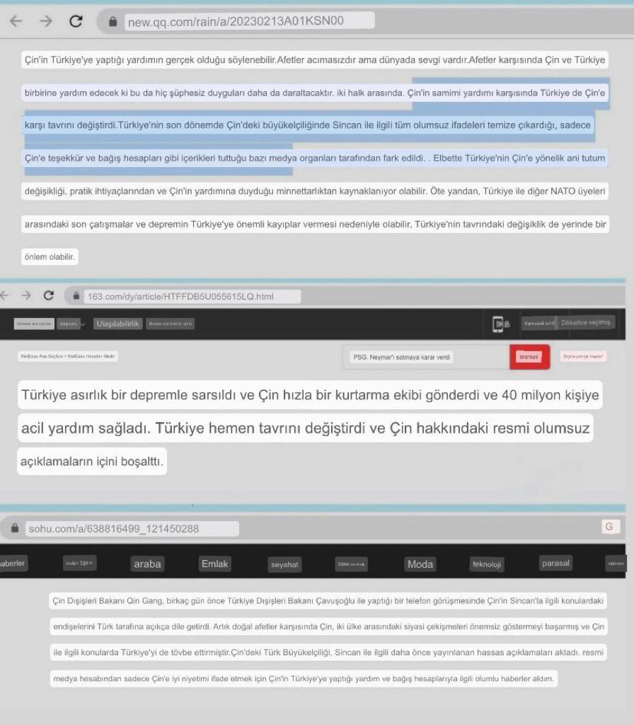 Deprem sonrası Çin’deki haber siteleri, 'Çin'in yardımından sonra,Türkiye Çin'e olan tavrını değiştirdi. Türkiye Pekin Büyükelçiliği, Doğu Türkistan ile ilgili tüm olumsuz paylaşımlarını sildi” ifadeleriyle manşet geçiyor.
@TC_Disisleri @TurkEmbBeijing bir açıklama bekliyoruz!