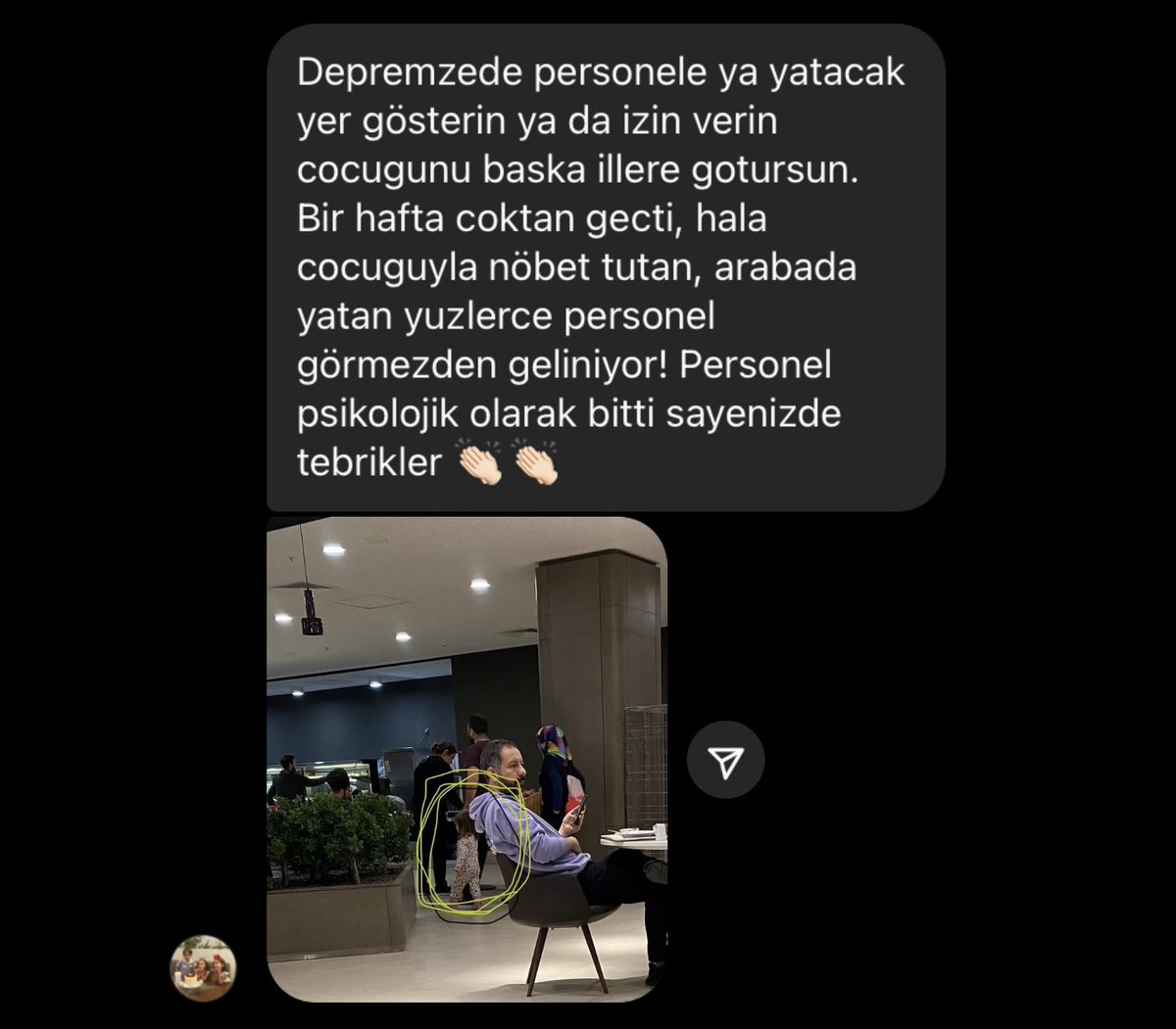 Sayın bakanım <a href="/drfahrettinkoca/">Dr. Fahrettin Koca</a> çocuğuyla nöbete giden, kalacak yeri olmadığı için arabada yatıp kalkan meslektaşlarım var.
Sahip çıkın meslektaşlarınıza…