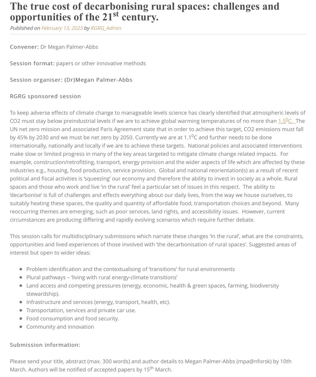 The call for papers for our @RGS_IBG Annual Conference 2023 sponsored session ‘The true cost of decarbonising rural spaces: challenges and opportunities of the 21st century’ is now open. Session organiser: @palmer_abbs.