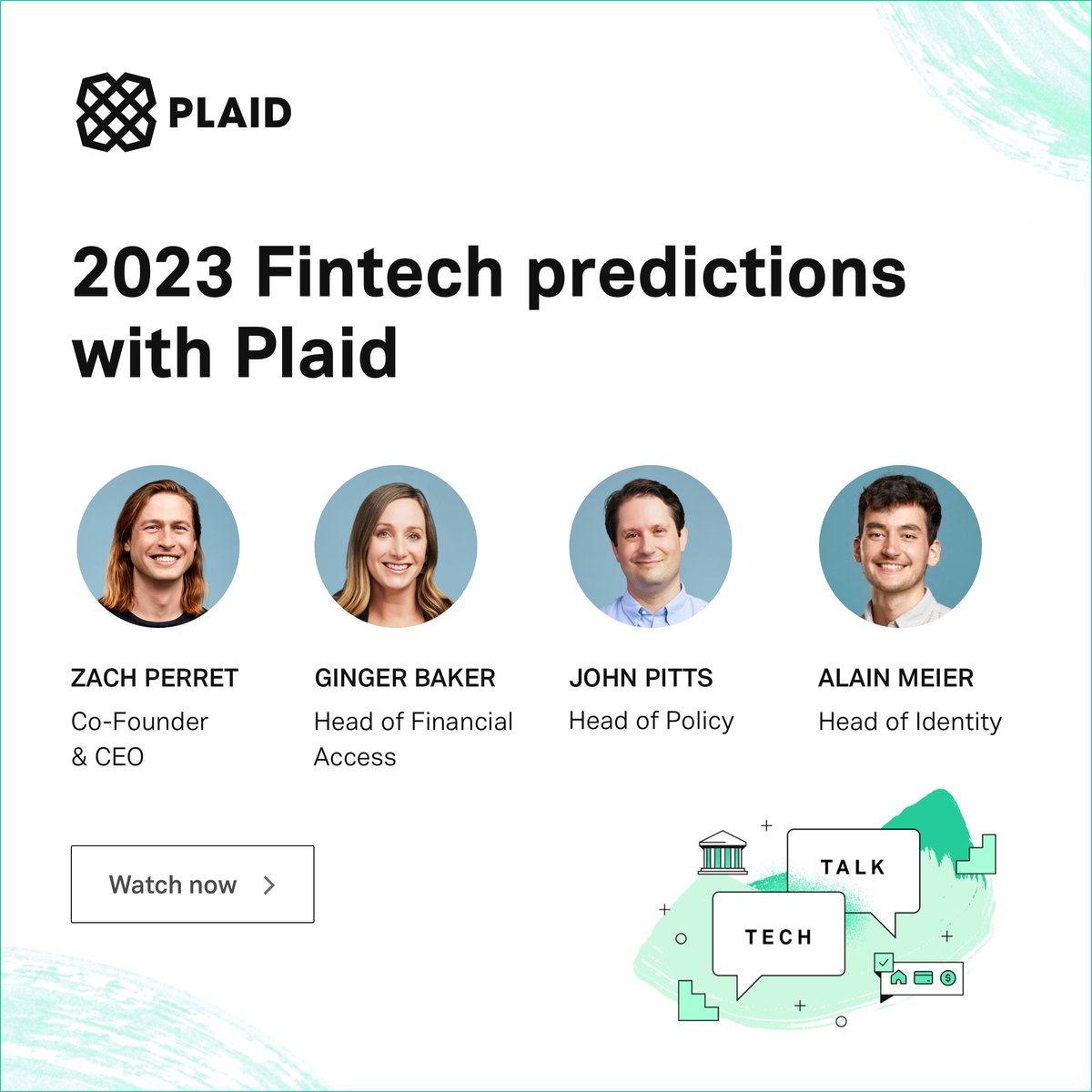 Plaid's tweet photo. Is your company ready for the future of fintech? Watch Zach Perret, Plaid Co-founder &amp; CEO, as he discusses the latest industry trends and what they might mean for crypto, instant bank payments, and more.