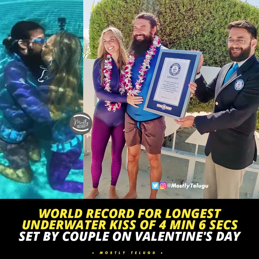 A loved-up couple celebrated Valentine’s Day in a rather unique way - with the longest underwater kiss.🔥😍

🍿 @MostlyTelugu #LongestUnderwaterKiss #BethNeale #MilesCloutier #SouthAfrica #Canada #ValentinesDay #GuinnessWorldRecords #LoShowDeiRecord #LUXSouthAriAtoll #Maldives