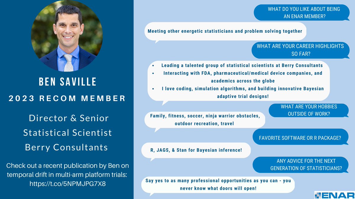ENAR_ibs's tweet photo. This week's spotlight post features RECOM member Dr. Ben Saville! Find out @Stats_Ninja_ 's favorite software for conducting Bayesian analyses and his advice for the next generation of statisticians in our post! 😁 https://t.co/hY50j9Srv2