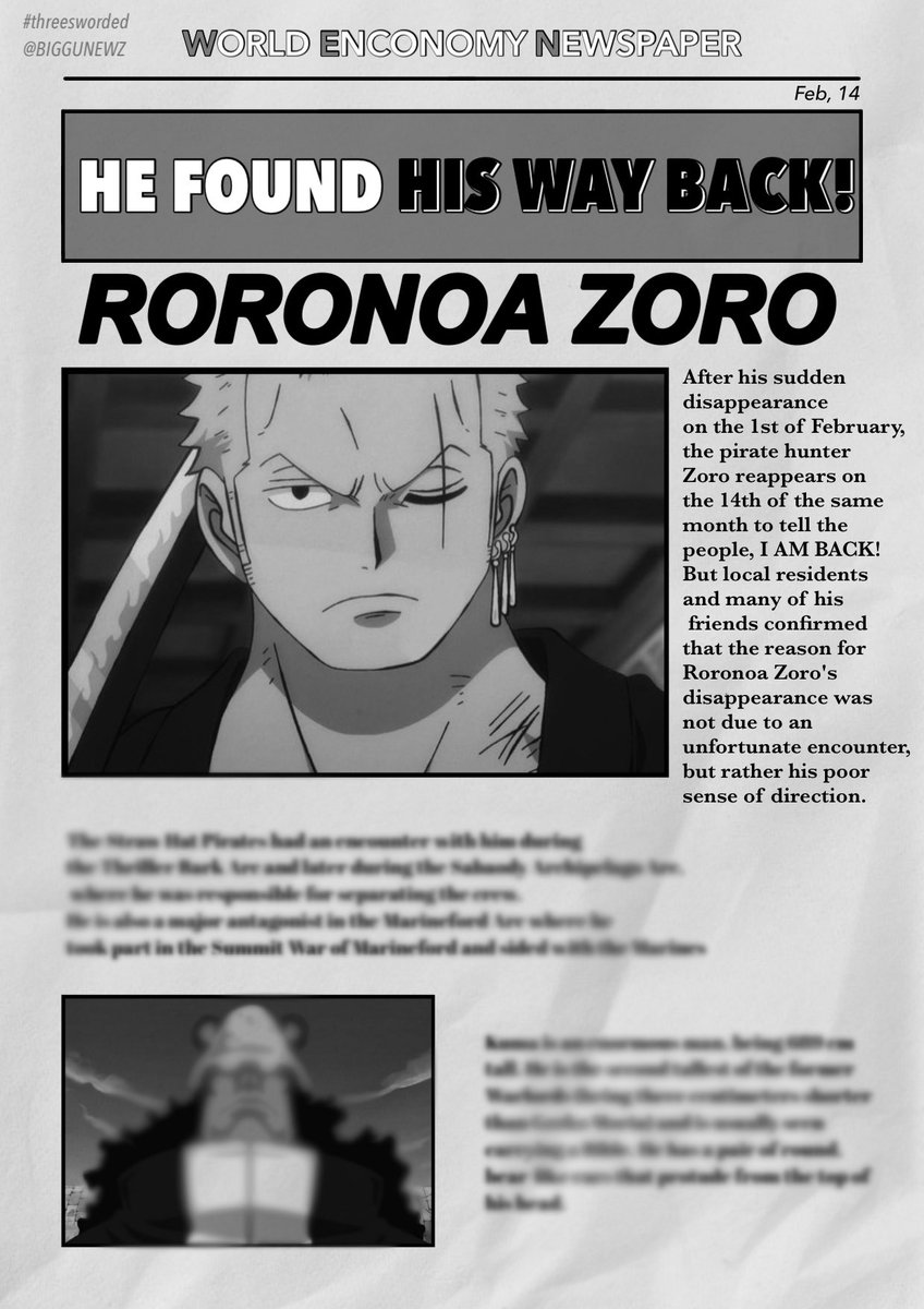 ͏ ͏

͏

❝ 𝐇𝐄. 𝐈𝐒. 𝐁𝐀𝐂𝐊! P͟i͟r͟a͟t͟e͟ H͟u͟n͟t͟e͟r͟ R͟o͟r͟o͟n͟o͟a͟ Z͟o͟r͟o͟ reappears again after a long absence.❞ 

͏

 ͏