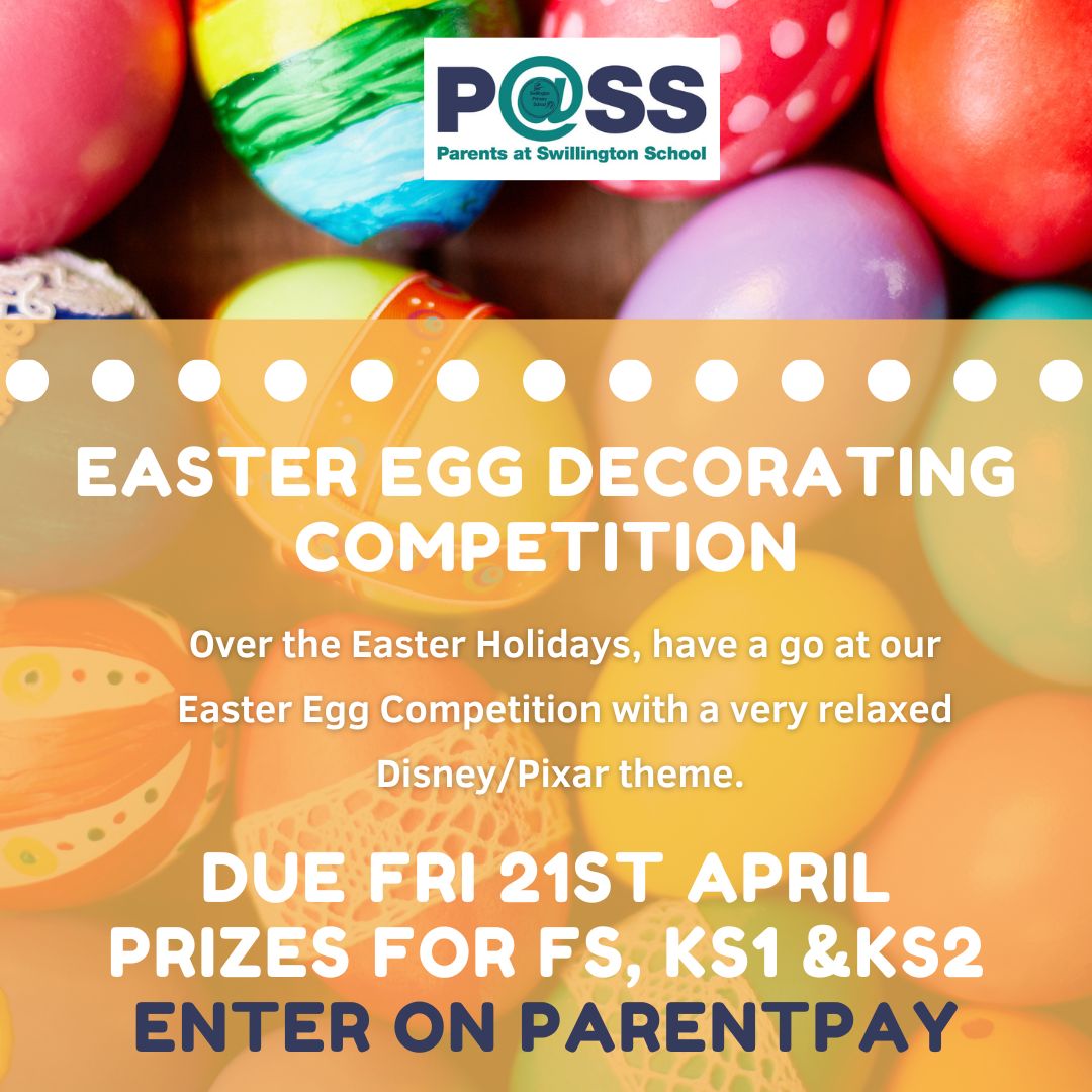 Theme is **Disney/Pixar** but VERY relaxed. It's about the child having fun and if the character/set they choose doesn't fit exactly, that is fine! Same for the eggs - chicken, plastic, etc. Anything goes.

You can enter on ParentPay. Have fun and can't wait to see the results!