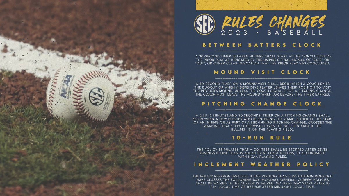SEC's tweet photo. 📢 The @SEC is implementing new rules and initiatives for the 2023 #SECBSB season intended to reduce game times and elevate the fan experience. 

These changes apply to Conference vs. Conference games and the #SECTourney.

⚾️ https://t.co/AmrvxMH2N5 https://t.co/lPMWh1TBNv