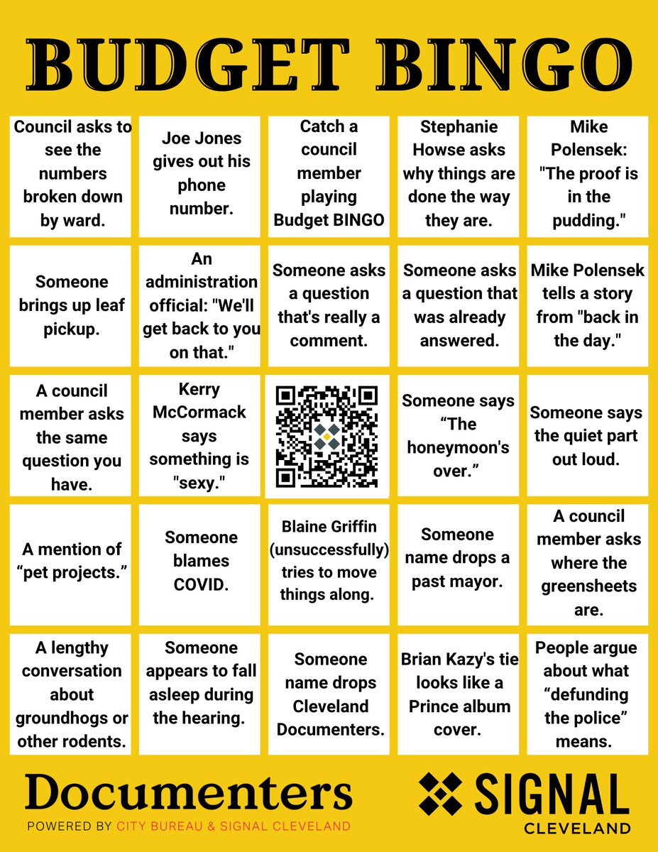 It's budget season in Cleveland! Join us for a game of Budget BINGO!

Watch the hearings on YouTube &amp; check off the squares as you hear or see them in the hearings.

Share your BINGO card and tag <a href="/signalcleveland/">Signal Cleveland</a> and #CLEBudgetHearings