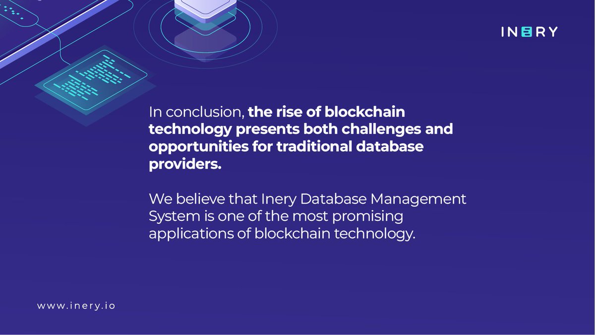 IneryDLT's tweet image. We believe that #IneryDBMS is one of the most promising applications of blockchain technology!

Our mission is a decentralized, high-performance, and secure database management solution for both #web2 and #web3. 

🔗 Follow us on Quora for more info: bit.ly/3jmB8oV