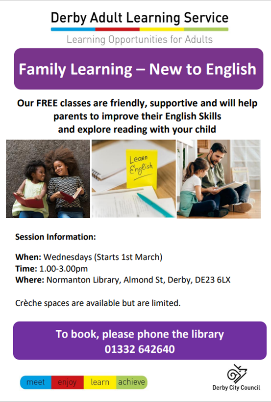 NEW at #Normanton Library. A chance for families to improve &amp; practice their English skills - together 😊

Sessions start in March 2023. They are all free &amp; there is a free creche🤗

Contact Normanton Library for details 
📞01332 642640 

#Derby #Community #FamilyLearning