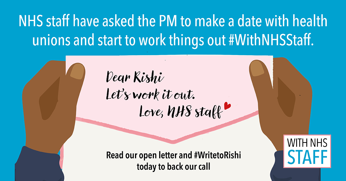 nhsunions's tweet photo. NHS staff have asked the PM to make a date with health unions and start to work things out #WithNHSStaff. Read our open letter and #WritetoRishi today to back our call 👉 https://t.co/1xFMeUmMN5 https://t.co/e1pyOQSHcV