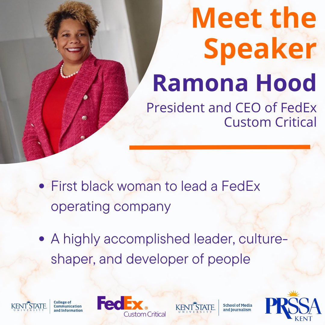 prssakent's tweet photo. Join us Tuesday, February 21 at 4 p.m. to enjoy insights into the professional life of Ramona Hood. 

Stay tuned for more information about this awesome event!🧡

#publicrelations #fedex #meeting #BlackHistoryMonth #ceo #selfadvocate https://t.co/LjXOdVGhx1