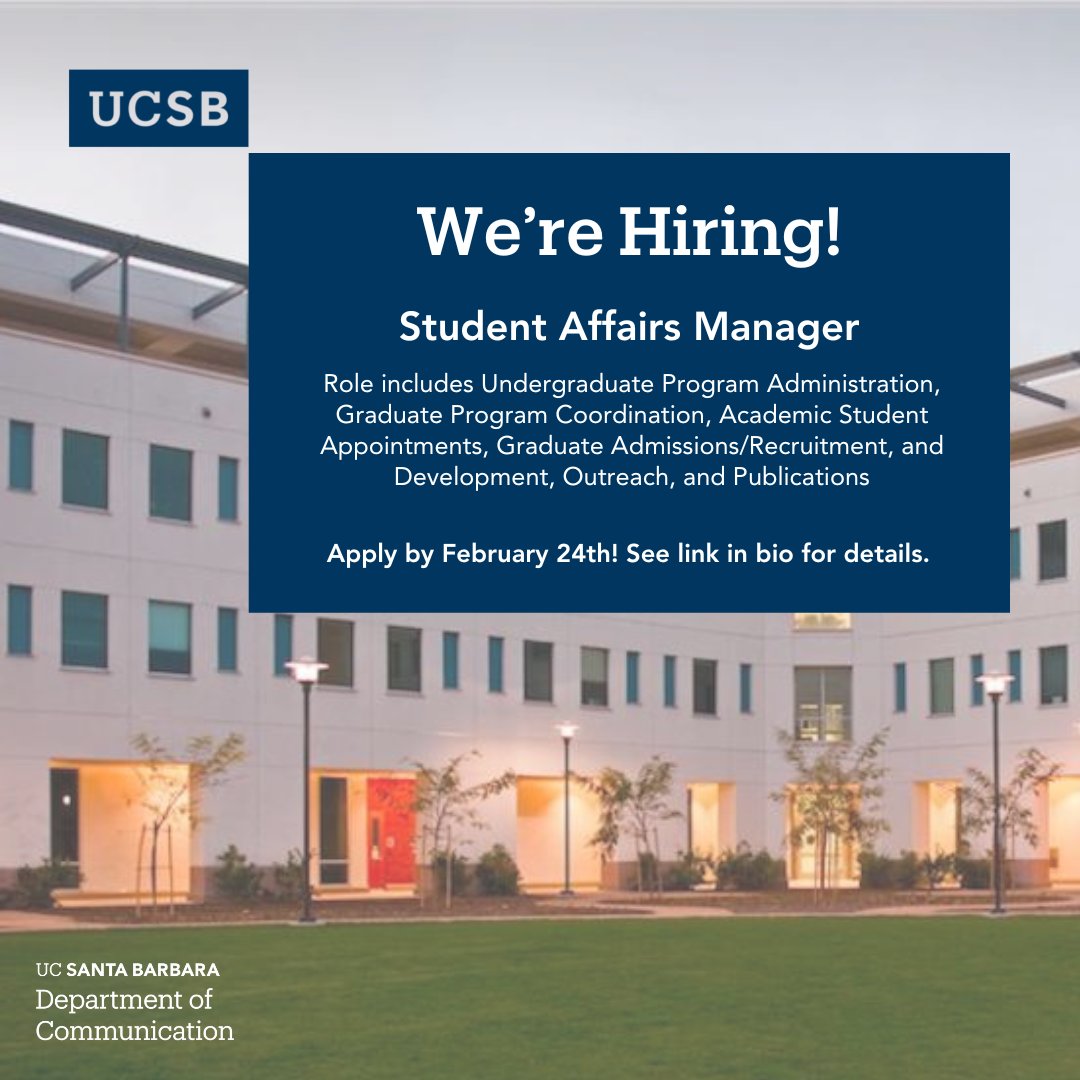 The UCSB Department of Communication is hiring! Don’t miss the opportunity to teach at one of the top Communication departments in the world, right on the beach 🏝️ See the job description at tr.ee/EYB3h98XQM -- application review begins February 24th! #UCSBComm