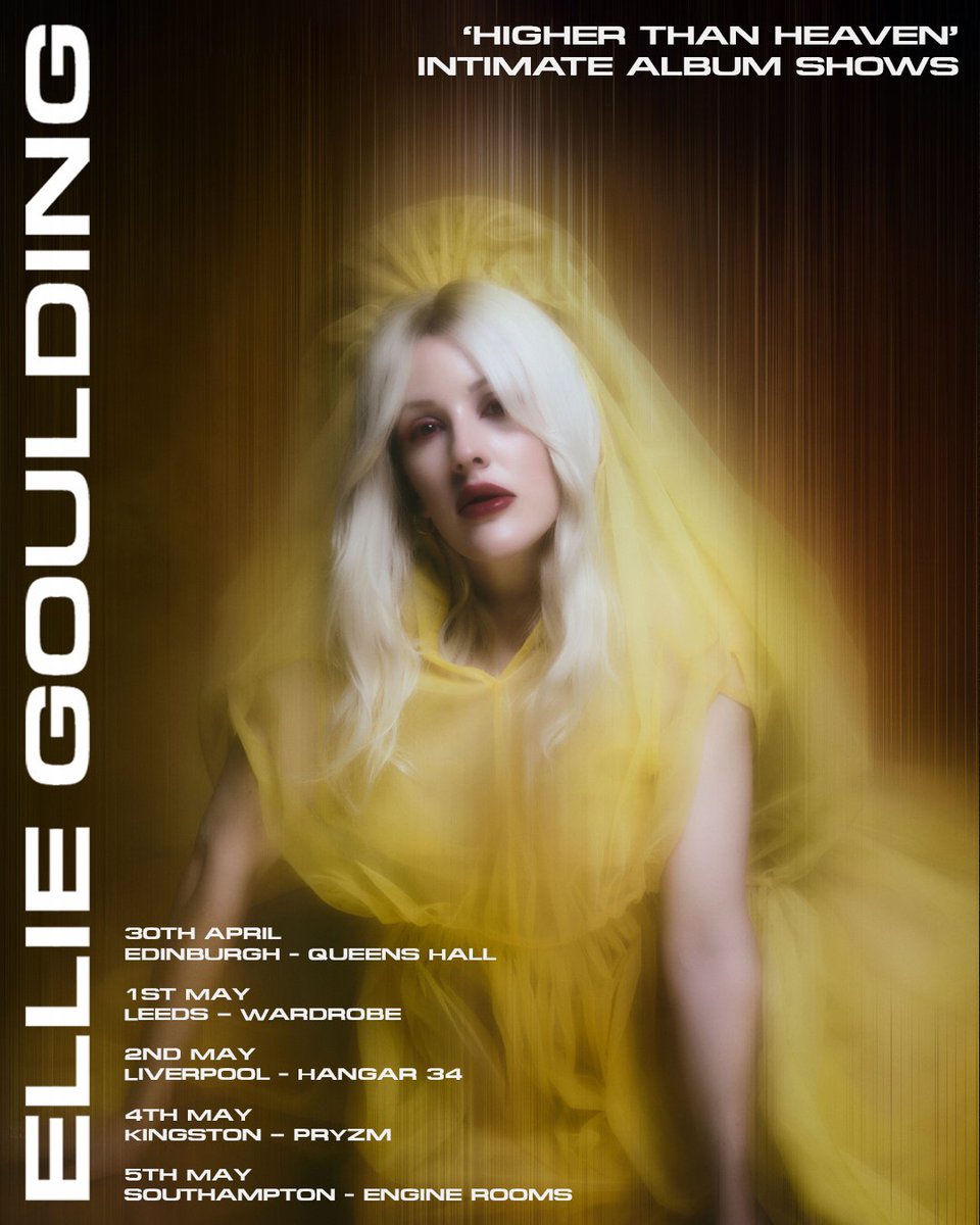elliegoulding's tweet photo. I’m thrilled to announce that I am going to be doing some more intimate album shows across the UK 🤍🖤

Pre order ‘Higher Than Heaven’ album and ticket bundles from 11am tomorrow to attend:

https://t.co/JDjSdXdDkT https://t.co/yPfcqPLHcs