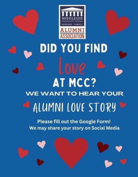 MiddlesexAlumni's tweet photo. Did you find love at MCC? @middlesex_cc 

We would love to hear your Alumni love story! Fill out the Google Form and we may share your story on Social Media!
https://t.co/LwPfTrCh4S

#ValentinesDay #HappyValentinesDay #Bedford #Lowell https://t.co/9ZPt7RCq3j