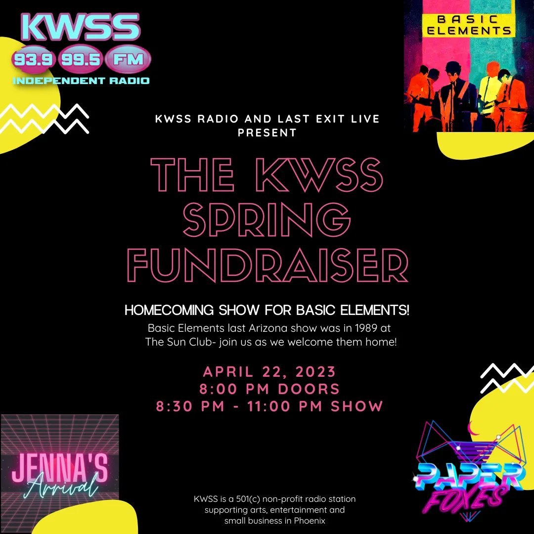 KWSS RADIO (@kwss_radio) on Twitter photo Will you look at this! Our Spring Fundraiser happening on Saturday April 22 at <a href="/lastexitliveaz/">Last Exit Live</a>! Also the homecoming show for our friends <a href="/BasicElementsM1/">BASIC ELEMENTS</a>, haven't played a show here since 1989! Supporting is <a href="/PaperFoxesBand/">Paper Foxes</a> and Jenna's Arrival! Tickets on sale Friday! #radio #phx Will you look at this! Our Spring Fundraiser happening on Saturday April 22 at <a href="/lastexitliveaz/">Last Exit Live</a>! Also the homecoming show for our friends <a href="/BasicElementsM1/">BASIC ELEMENTS</a>, haven't played a show here since 1989! Supporting is <a href="/PaperFoxesBand/">Paper Foxes</a> and Jenna's Arrival! Tickets on sale Friday! #radio #phx