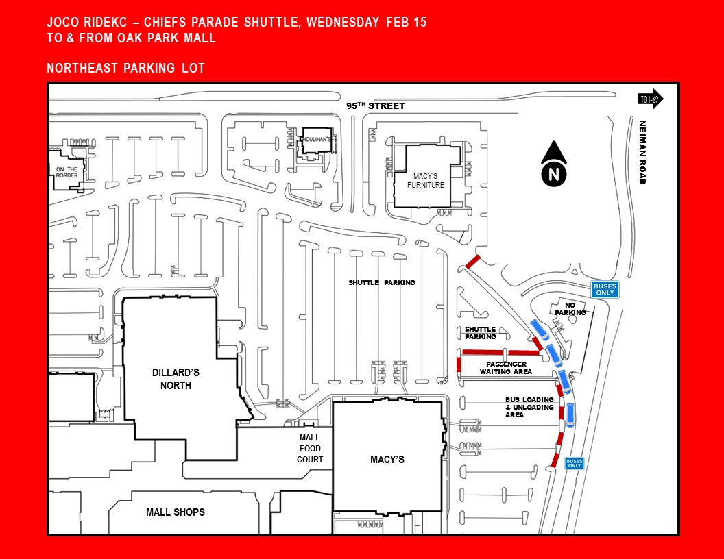 Catch a bus to the Chiefs parade tomorrow (2/15) at the Oak Park park-and-ride location, south of Hillcrest Bank and NE of Macy’s on Nieman Rd (see map). Shuttle service starts at 7:30AM - Buses depart regularly with the last bus leaving at 11AM Details: bit.ly/3XwBozM.