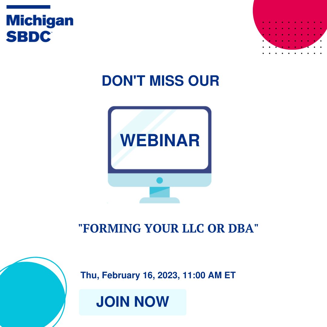 MichiganSBDC's tweet photo. Ready to launch your business as a sole proprietor or LLC? Been putting off the paperwork? Register today for our hands-on walk-through webinar. #MichiganSBDC
Forming Your LLC or DBA
πThu, February 16, 2023, 11:00 AM ET
Learn More at https://t.co/hIPl37lXCC https://t.co/KdIGIfMnra