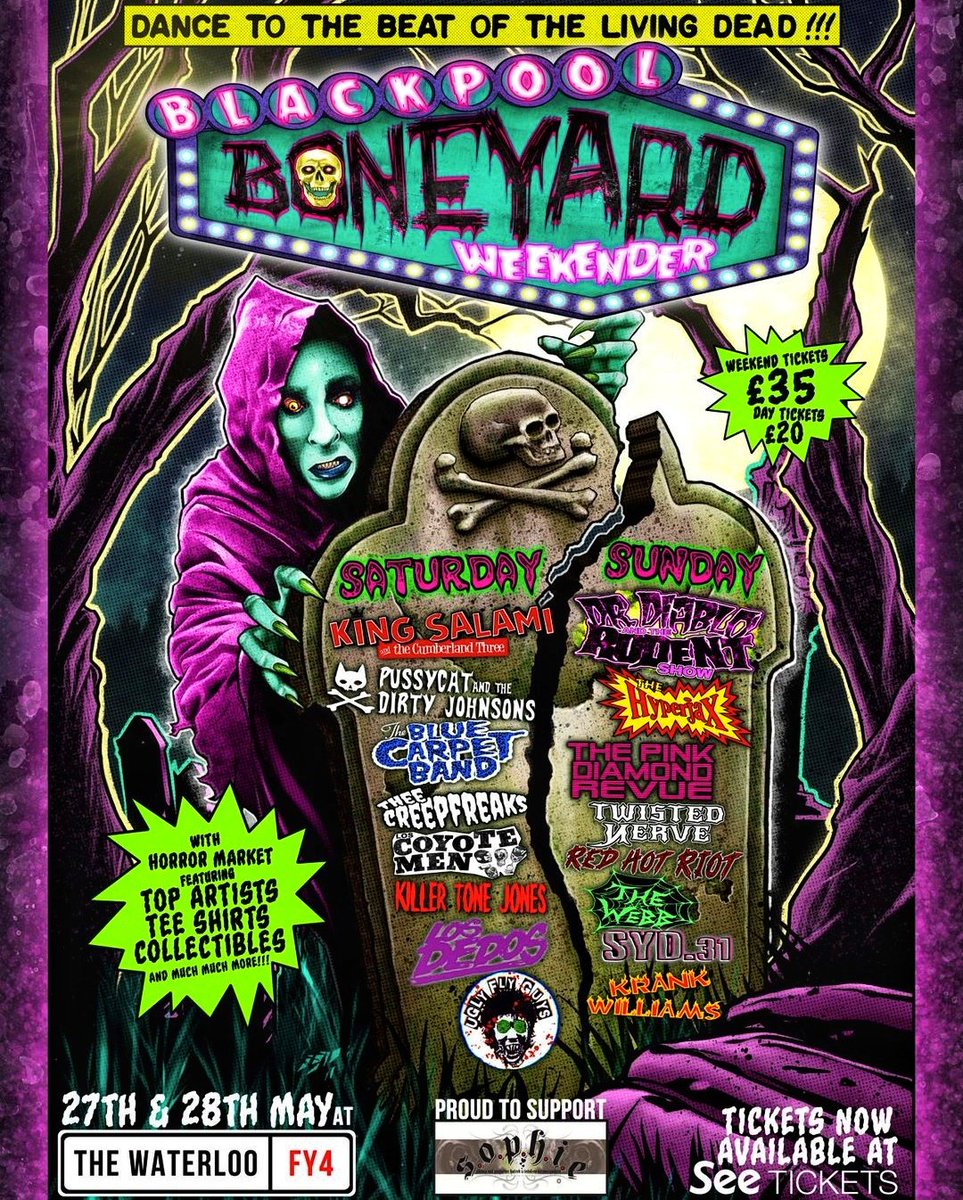 Blackpool Boneyard weekender coming up over the Bank holiday weekend 27th-28th.Featuring 16 fantastic bands and a kooky horror related market.
<a href="/TheWaterloo_BPL/">Waterloo Music Bar</a> 
Tickets available here
seetickets.com/tour/boneyard-…
#goth #rockabilly #horrorpunk 
#dance #psychobilly #horor #blackpool