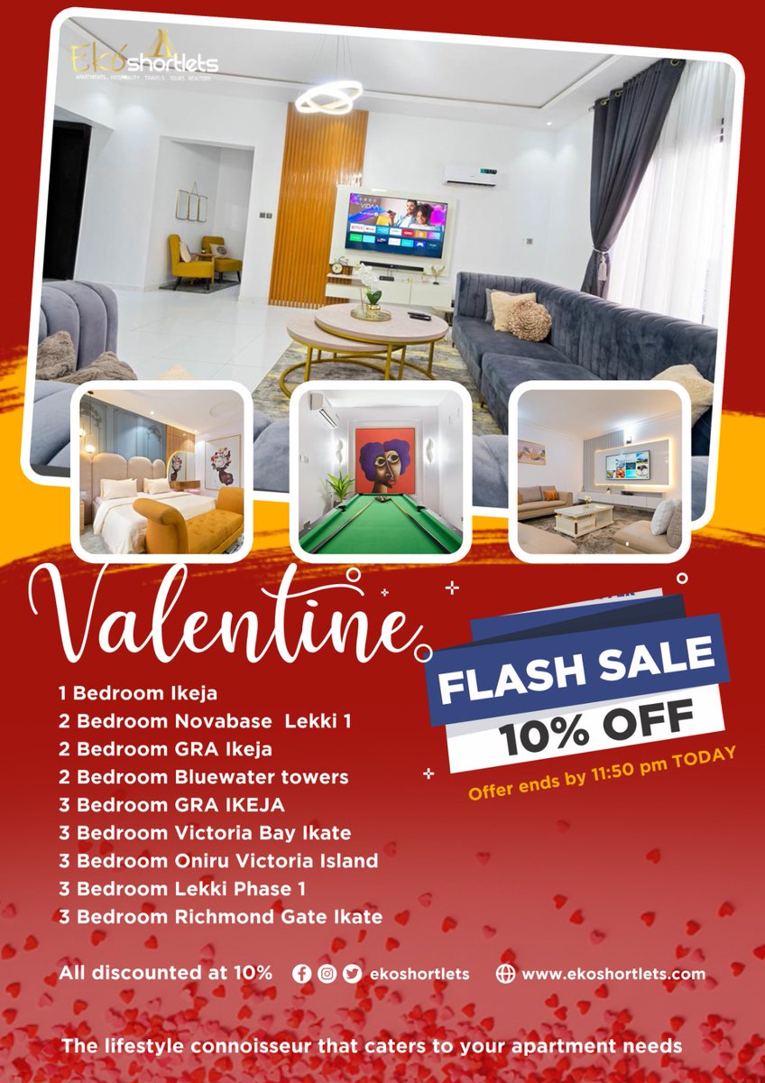 Ekoshortlets's tweet photo. Valentine flash sale, 10% off apartments. 

#bbntitans 
#Wizkid #ValentinesDay https://t.co/WzCm7rdBpM