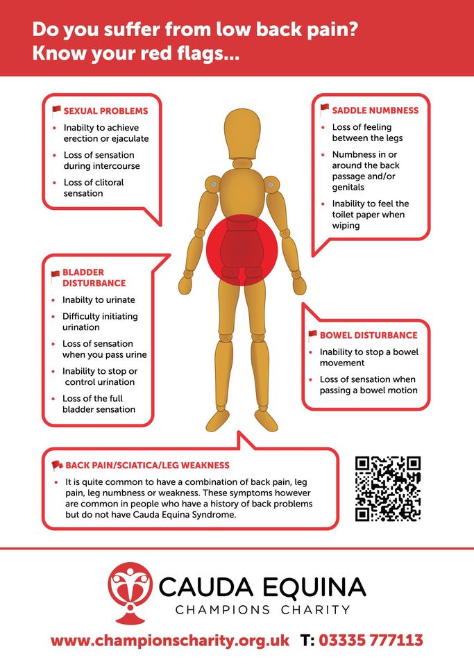 DO YOU KNOW THE RED FLAGS? #redflags #bladderandbowel #sexualproblems #incontinence #backpain #sciatica #legweakness #pinsandneedles #numbness #lossofsensation #lifewithces #patientvoice #championscharity #knowthesigns #whatnext #reachouttoday #byyourside #24hours