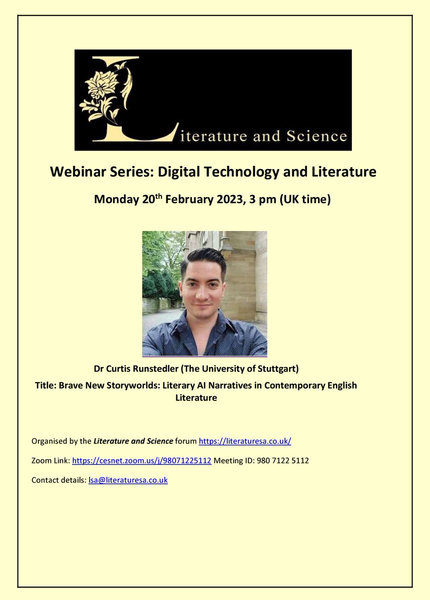 📅 Monday, February 20, 4 pm CET: 

Brave New Storyworlds: Literary AI Narratives in Contemporary English Literature 🤖📚
With <a href="/Curtis_Chthonic/">Dr Curtis Runstedler</a> 
➡️ bit.ly/3YS2CSz

#AI #EnglishLiterature #AINarratives #KlaraAndTheSun #Robbie