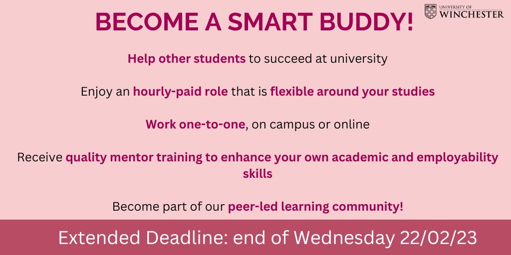 Get involved with academic mentoring! We're  recruiting for SMART Buddy mentors and have extended the deadline for applications to the end of Wednesday 22nd February. For more details, please email studymentoring@winchester.ac.uk.  We look forward to receiving your application!