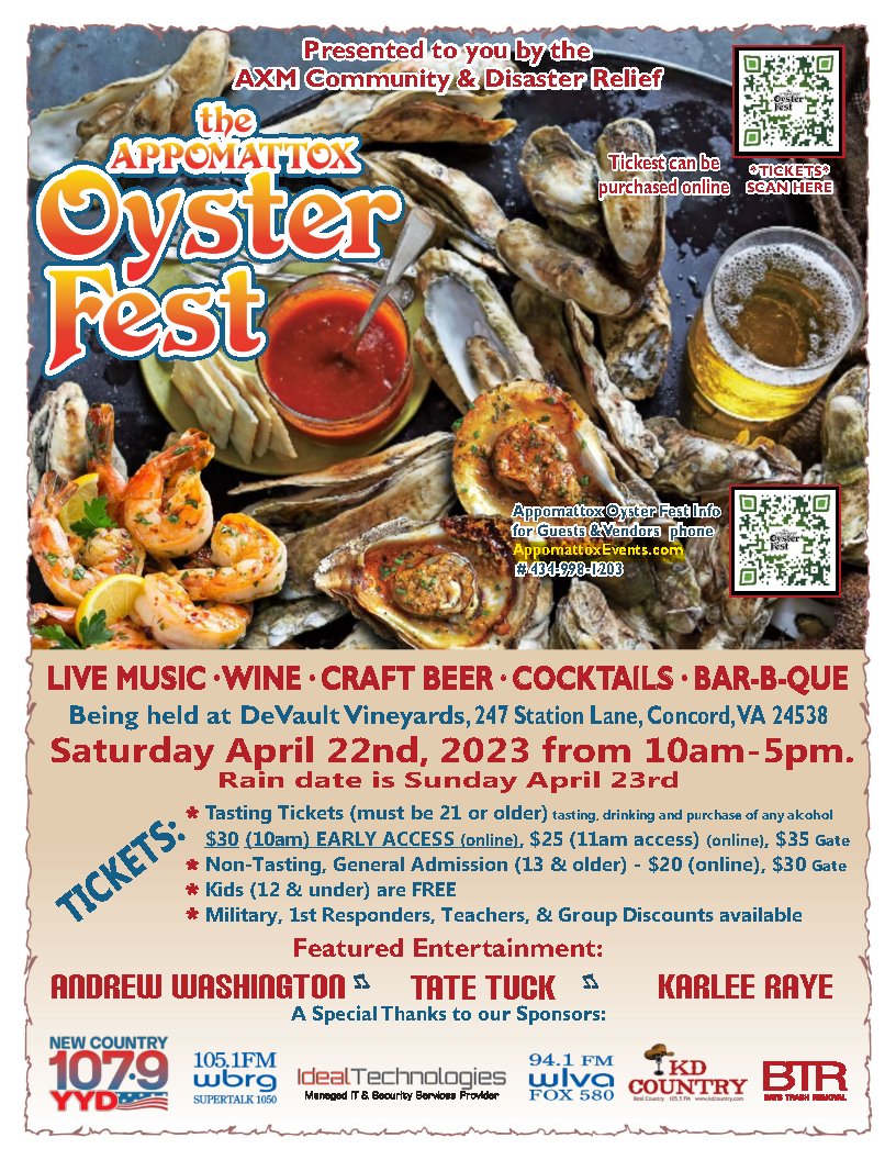 @VAOysterTrail We will be hosting Appomattox OysterFest 4/22/23 as a fundraiser for the Appomattox Community & Disaster Relief org. appomattoxevents.com/oyster-fest/