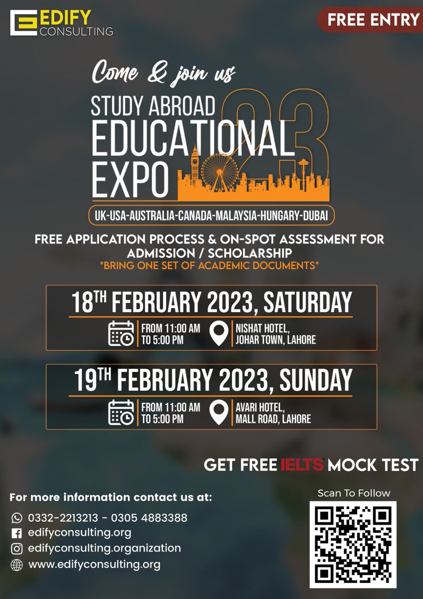 Join us on 18 & 19 Feb - get your dream for studying abroad come true. #studyabroad #edifyconsulting #StudyinUK #StudyInCanada #studyinUSA #studyinAustralia #Avarihotel #EmporiumMall