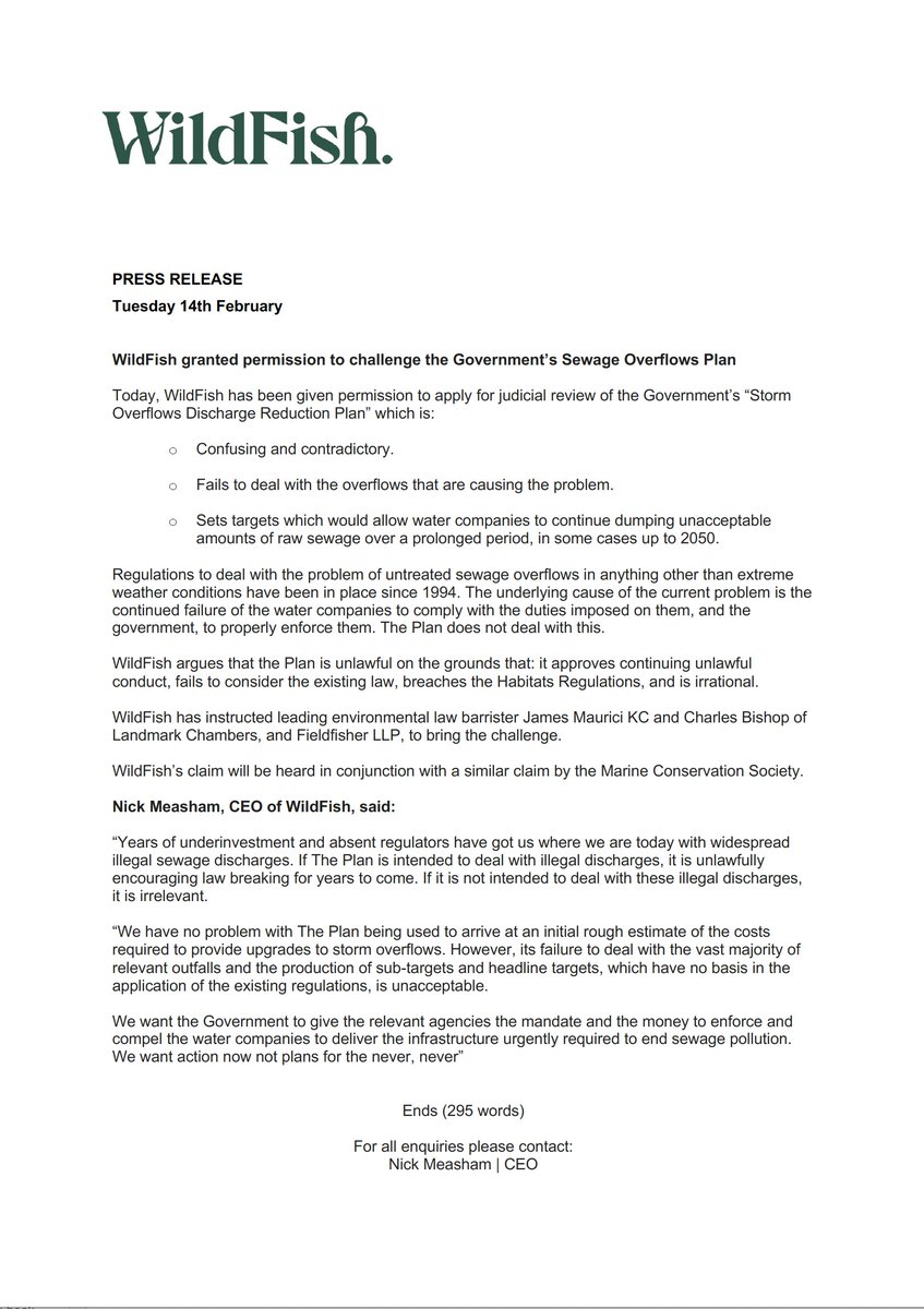 *** HOT OFF THE PRESS ***

<a href="/WildFishCons/">WildFish</a>, which I am honorary vice president of, has just been granted permission to take government to the High Court and challenge the legality of their deeply flawed sewage reduction plan. 

For more info contact WildFish.