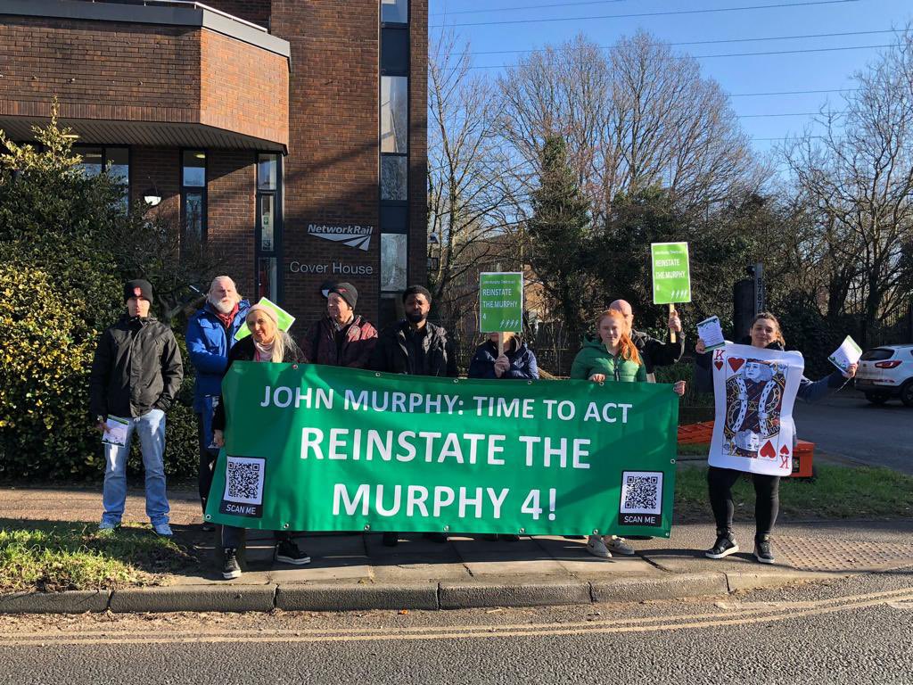 themurphy4_'s tweet photo. We know @networkrail and @jmurphyandsons have a long lasting love but sentiment is in short supply for our members.

We were outside Cover House in Crawley today to tell them to call out Murphys 📢 

#OneMurphy https://t.co/FIhFBKnBZF