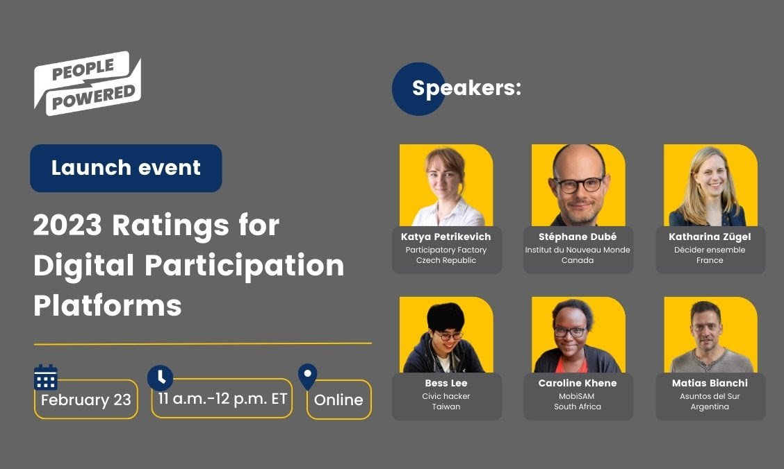 If you haven't registered already, what are you waiting for? 👀 

Be sure to join <a href="/PeoplePowrd/">People Powered</a>'s launch of the 🖥️ 2023 Ratings of #DigitalParticipation platforms!

📅 February 23, 11 ET / 16 UTC
🎟️ Register here: bit.ly/3K6PLHJ