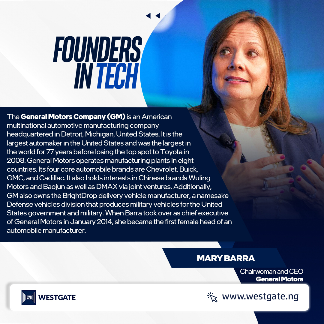 westgateng_'s tweet image. Mary Barra 💻🌏

In today&apos;s edition of #foundersintech, we feature Mary Barra. The 61-year-old American businesswoman is the first female CEO of a &apos;Big Three&apos; automaker. She was born in Royal Oak, Michigan to parents of Finnish descent. 

(1/3)