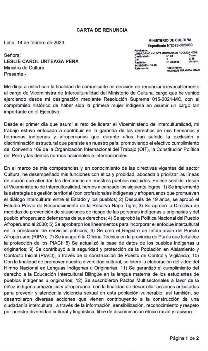 RocildaNunta's tweet photo. Durante mi gestión como viceministra de Interculturalidad, siempre he trabajado con la convicción de garantizar los derechos de mis hermanas y hermanos indígenas y afroperuanos. El día de hoy he presentado mi renuncia irrevocable por las razones que señalo en la carta. https://t.co/BjBgQFgMTq