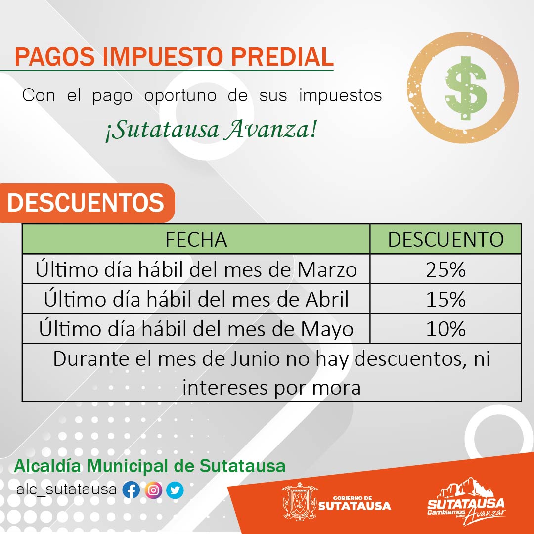 Alc_Sutatausa's tweet photo. #PagoPredial 🏡| Compartimos con la comunidad sutatausana las fechas de pago correspondientes al Impuesto Predial.
Los pagos los pueden realizar en la Secretaría de Hacienda y Finanzas Públicos Cr 4 #4-08 Sutatausa, Cundinamarca. https://t.co/6a2rT72nt9