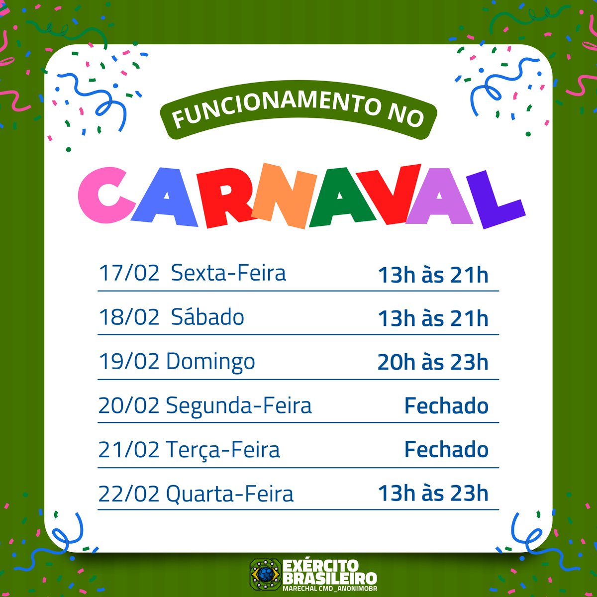 exbrhbofc's tweet photo. Bom dia à todos. Como sabem o período carnavalesco se aproxima, com isto, segue a grade de horário de funcionamento do nosso Quartel General.

🚫 Se beber, não dirija! 🚫

#exbrhbofc #militarismo #habbo #exercito #carnaval https://t.co/v8D6Mtj1IL
