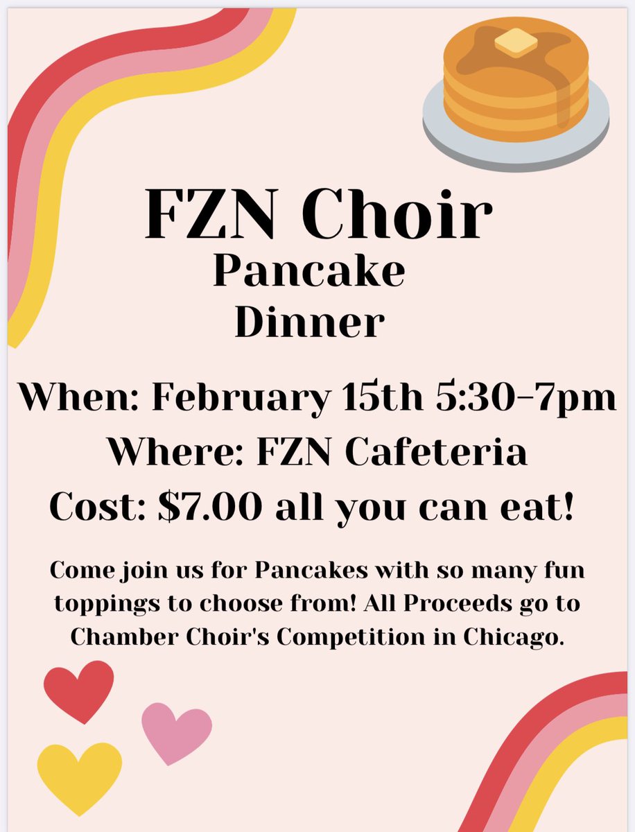 FZNChoirs's tweet photo. ONE MORE DAY! Come stuff your face with pancakes with FZN Choir! $7 all you can eat, $5 for children 10 and under https://t.co/sqSGpuDJgs