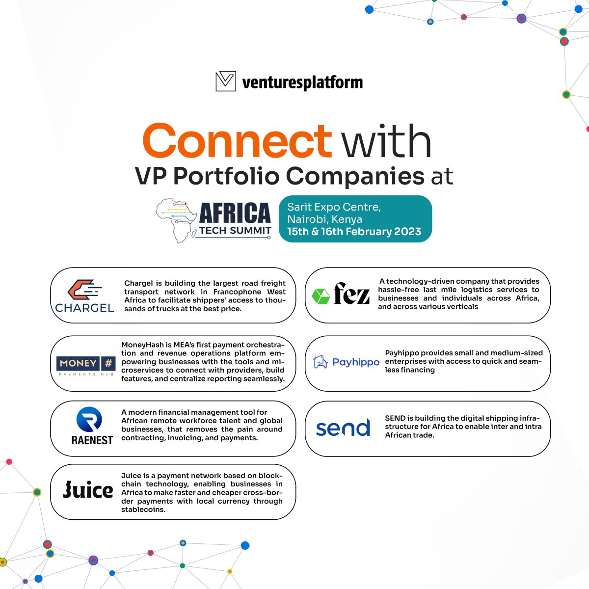 Will you be at the #AfricaTechSummit happening in Nairobi on the 15th and 16th of  this month? 

Some of our favorite companies will be there! 👇#BackedByVP #ATSNOB