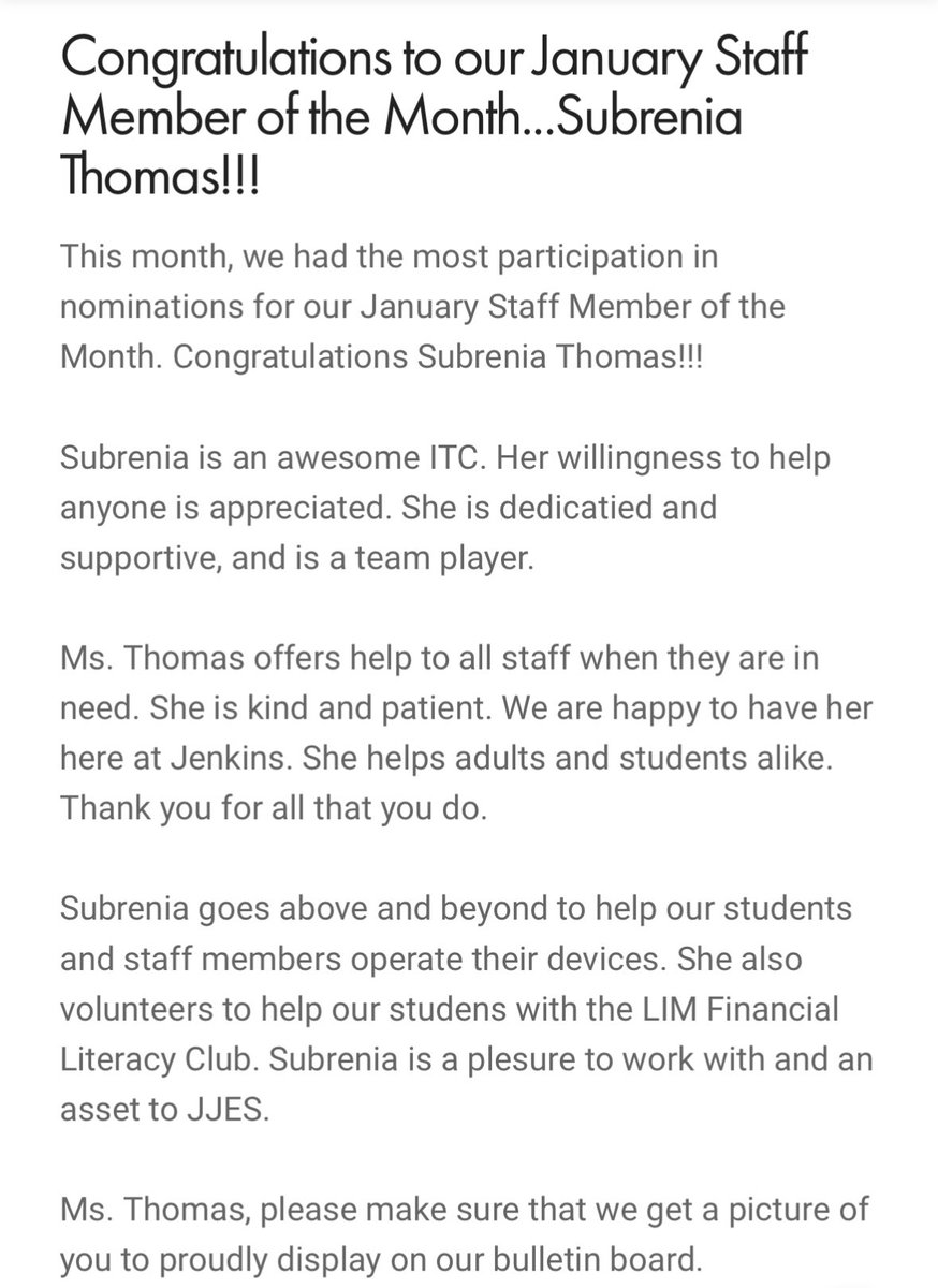 SubreniaThomas's tweet photo. I made employee of the month for the month of January. #PWCSITC, #Thankful https://t.co/w9fyc2i1zI