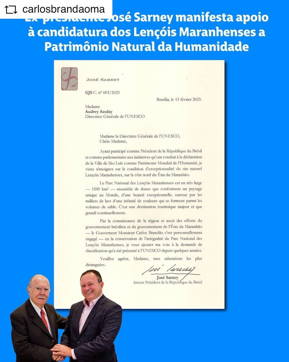PAULOMATOS23's tweet photo. Depois do presidente @lulaoficial, agora também contamos com o apoio do ex-presidente José Sarney à candidatura dos nossos Lençóis Maranhenses a Patrimônio Natural da Humanidade. https://t.co/OTiAiUjYpH