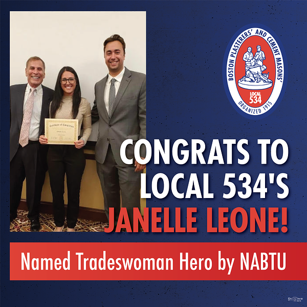 Congrats to Local 534's Janelle Leone for being named Tradeswoman Hero by North America's Building Trades Unions (NABTU) in January! This monthly award recognizes four tradeswomen across the U.S. and Canada who lead by example and perform their duties at an outstanding level.