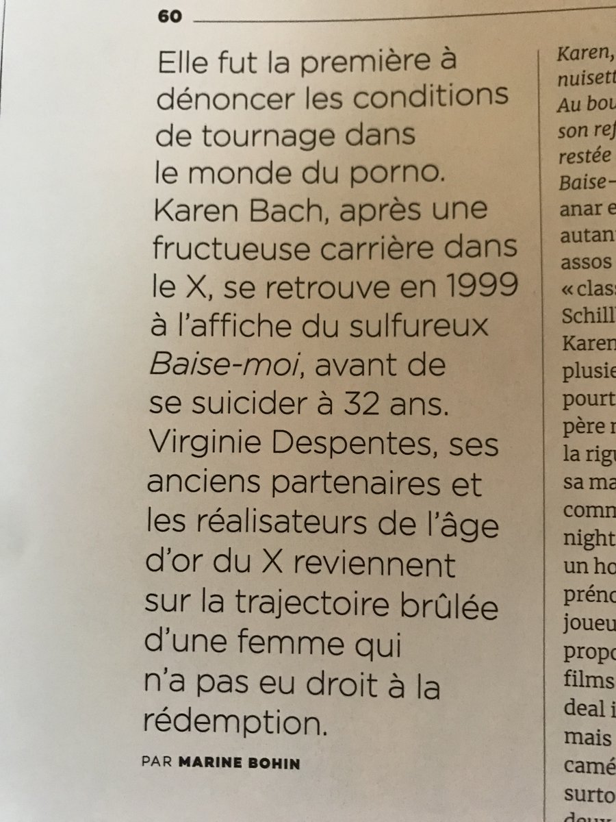 Toujours en kiosques, le numéro 95 de <a href="/So_Film/">Sofilm</a>  , avec mon article sur l'actrice du film BAISE MOI, la défunte Karen Bach, pour lequel j'ai eu le plaisir d'interviewer de grands noms du X ainsi que Madame Virginie Despentes.