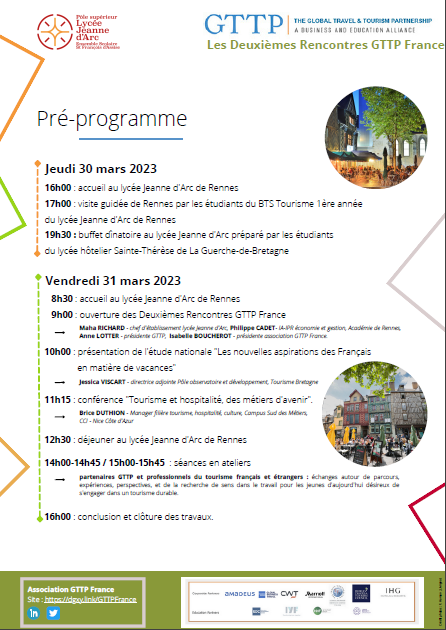 GTTPFrance's tweet image. INVITATION 2èmes #Rencontres GTTP France à #Rennes
Pré-pg : dgxy.link/2emesRencontres
Elles rassembleront #étudiants en formation #Tourisme, #Hôtellerie-#Restauration, ainsi que des acteurs de l’enseignement et des #professionnels de ces secteurs.
#GTTPFrance #réseau #international