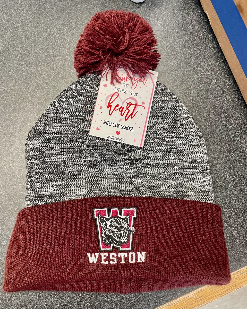 WestonPTO's tweet photo. The PTO at Weston Middle School is delivering hats to every teacher, administrator and staff member in the school today. Happy Valentine’s Day! https://t.co/bhNEJ3eYR2