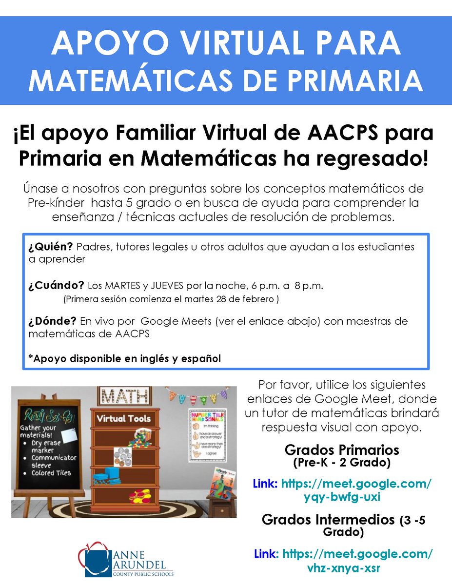 AACPS Elementary Math Virtual Family Support is back! Join us with questions about Pre-K-5 math concepts or in search of help understanding current problem-solving teaching/techniques. Live Google Meets with AACPS math teachers Google meet links in Flyer: drive.google.com/file/d/1KUzvEN…